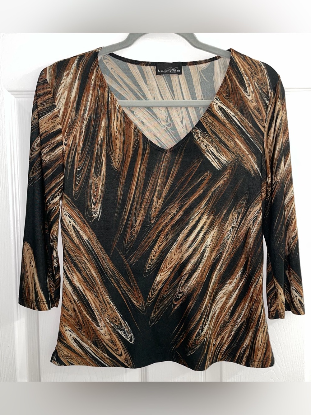Brittany Black Brown & Black Patterned V-Neck Blouse Size Small